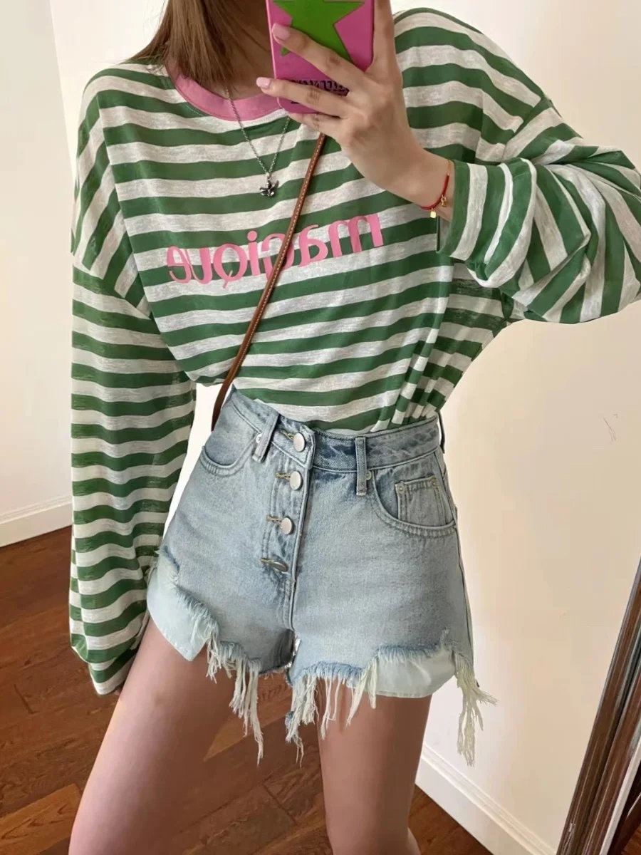 

CHICYAN Spicy Girl Frayed Hem Denim orts Summer Versatile Slimming Design Button Hole Wide Leg Pants Hot orts