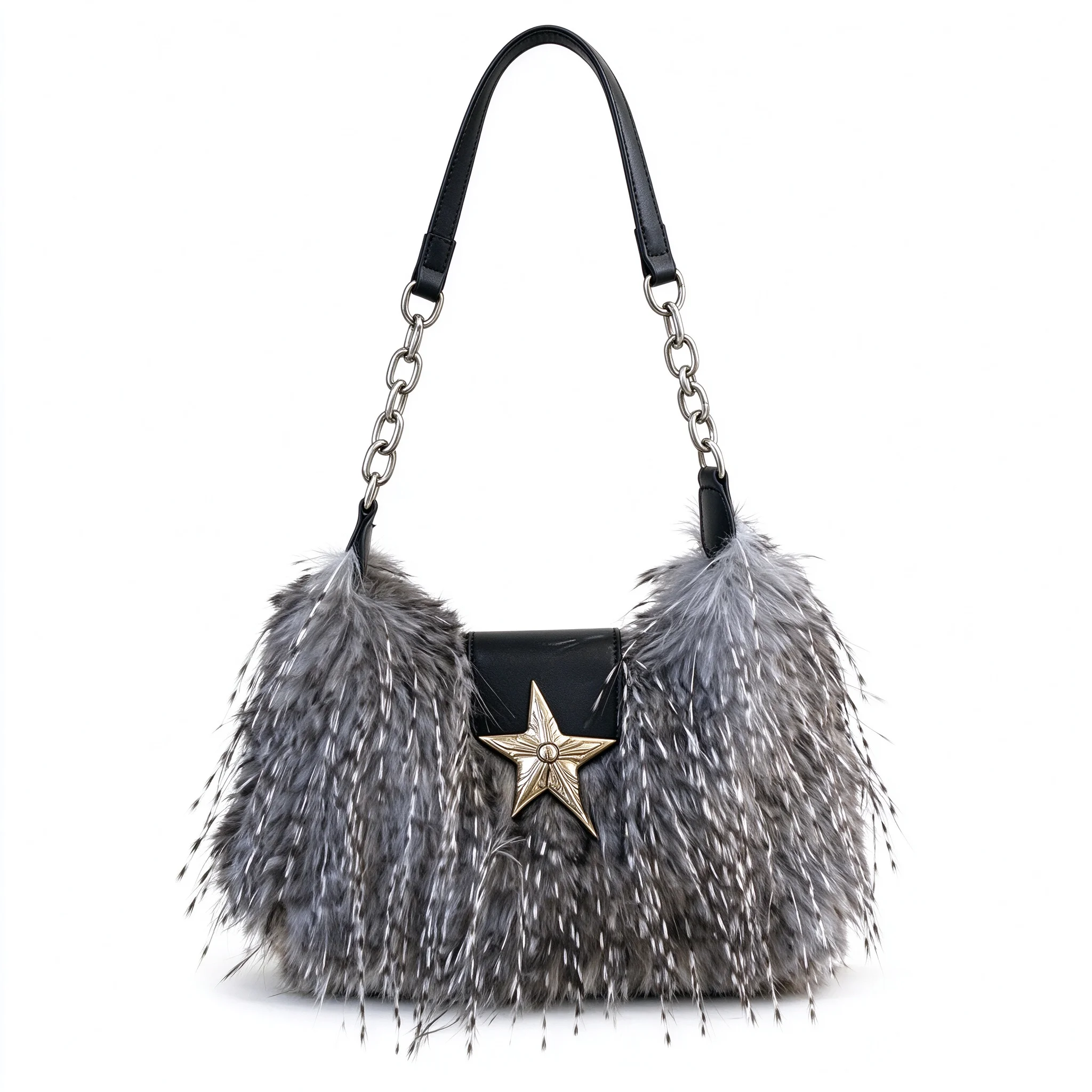 Gray Brown White Khaki Mixed Color Plush Shoulder Bag Faux Fur Fluffy Crossbody Phone Purse with Star Buckle Chain for Women