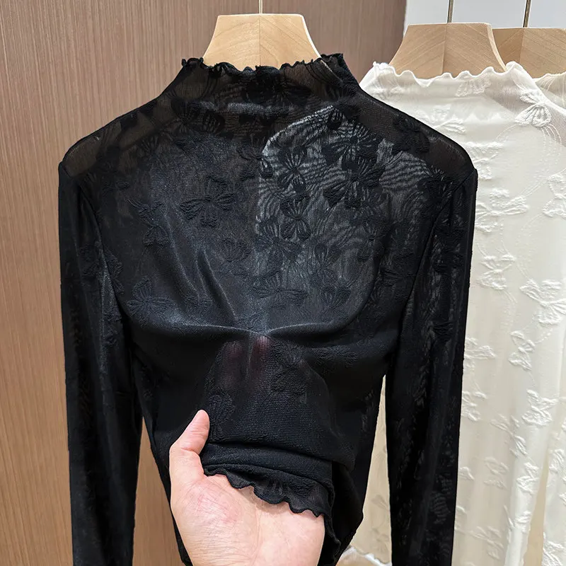 Fashion Half High Collar Mesh Long Sleeve Top Lace Jacquard Bottom Shirt for Women 2026 Spring Autumn New Stacked Thin Top