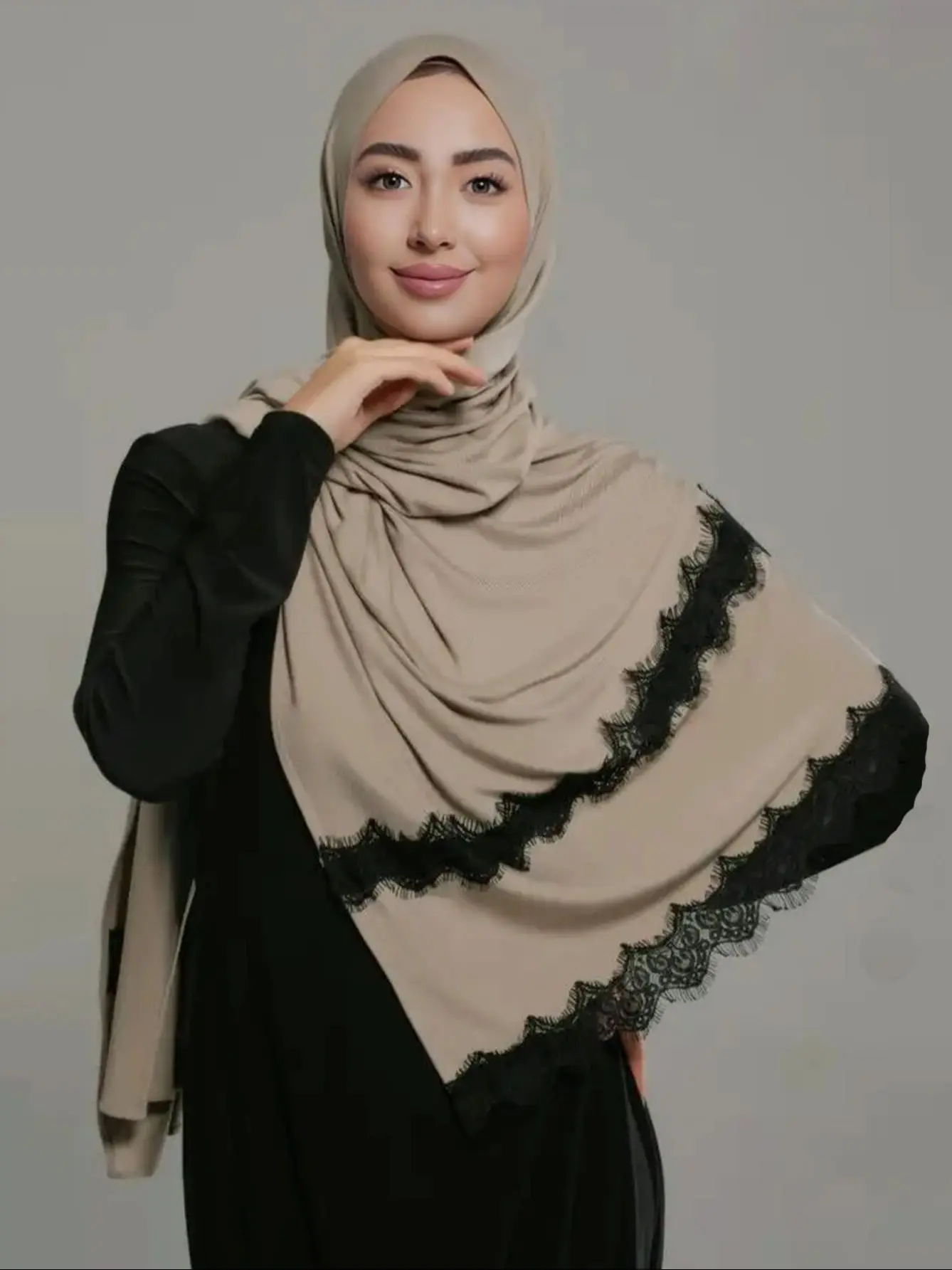 New Jersey Hijab mit Spitze, langer muslimischer Schal, einfarbig, weicher Schal, Turban-Kopfwickel für Frauen, Afrika-Stirnband, 170 x 60 cm – Detail 1