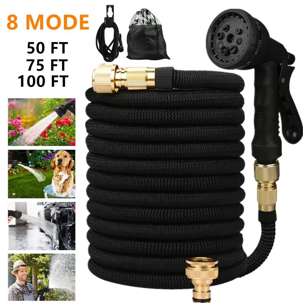 25-100FT Expandable Garden Hose with 8 Modes Water Spray Gun Durable Weave Garden Hose Reel No-Kink Flexible Magic Water Pipe