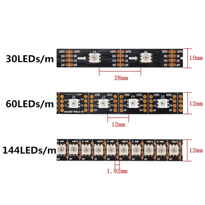 Imagem -04 - Fita Led Endereçável Fita Inteligente para Lâmpada Pixel Rgb Dados e Relógio Smd 5050 Apa102 Sk9822 5v 30 60 144 Leds m m 5m