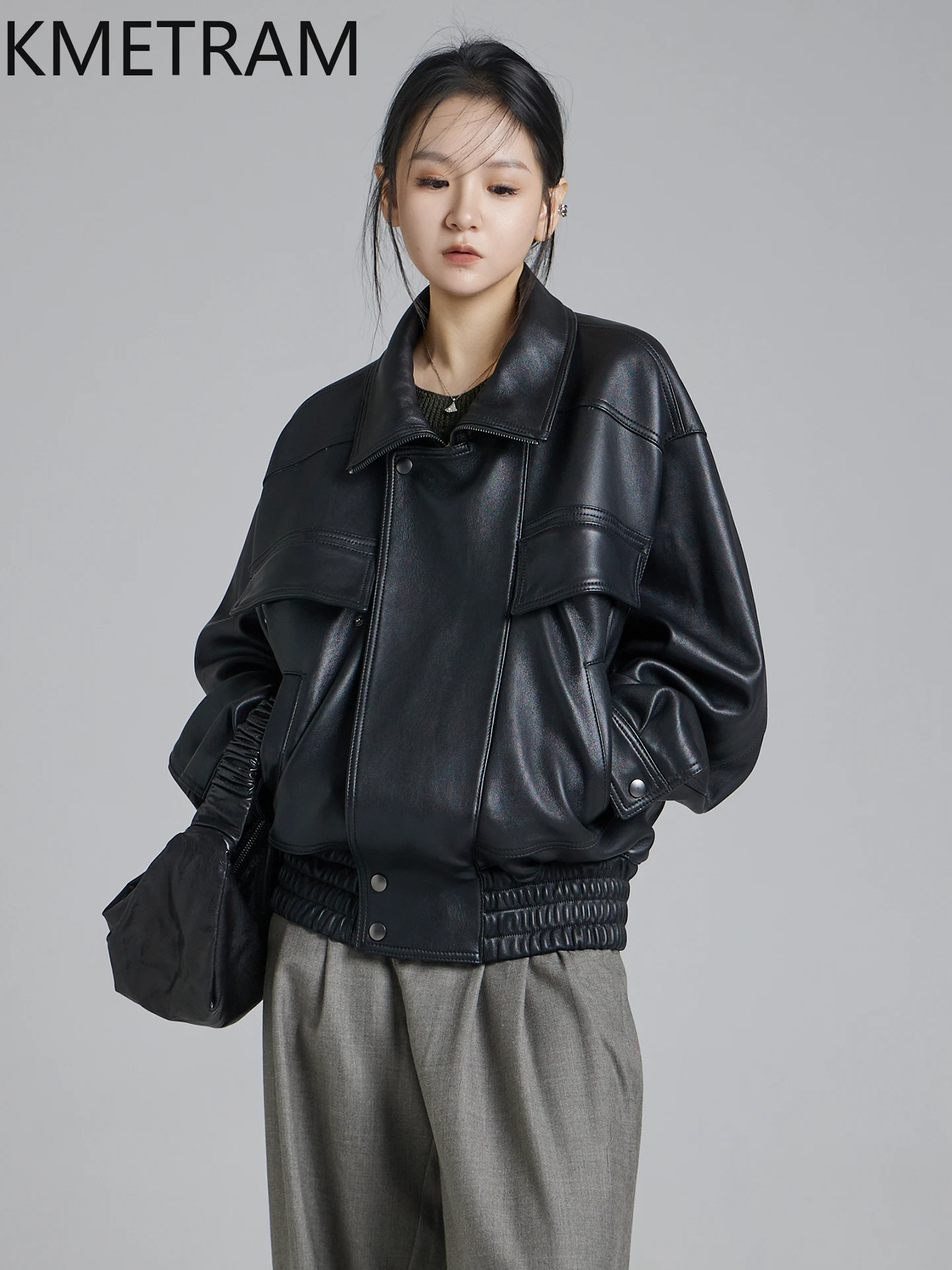 KMETRAM 100% Natural Sheepskin Women's Coat Biker Black Genuine Leather Jacket Autumn New Outerwears Clothes 2025 Woman дубленка - Image 2