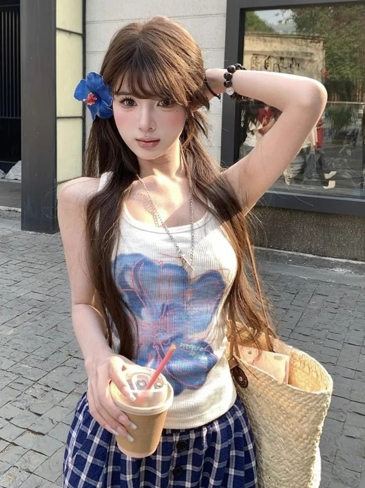 Y2K Spicy Girl Style Retro Blumenprint Camisole Weste für Damen Sommer 2026 Neu Slim Fit Vielseitige Ärmellose Tops Streetwear