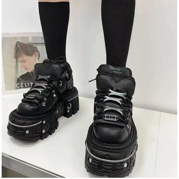 

Retro Spanish Tank Sole Metal High-top Platform Small Leather Dark Punk Muffin Bottom Street Shot Men's and Women's Models Shoes