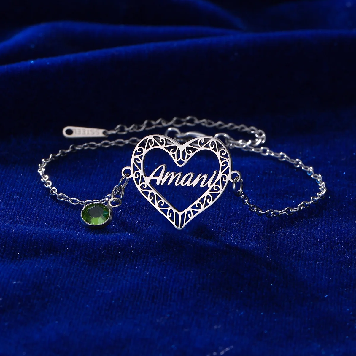 Custom Heart Names Bracelet for Women Green Birthstone Stainless Steel Jewelry Silver Chains Personalized Items Birthday Gift