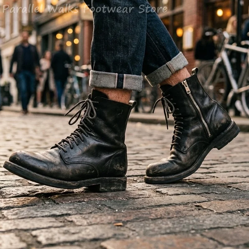 Men's Punk Gothic Combat Boots Side Zipper Leather Motorcycle Ankle Footwear Vintage Lace Up Tactical Biker Casual Autumn Shoes