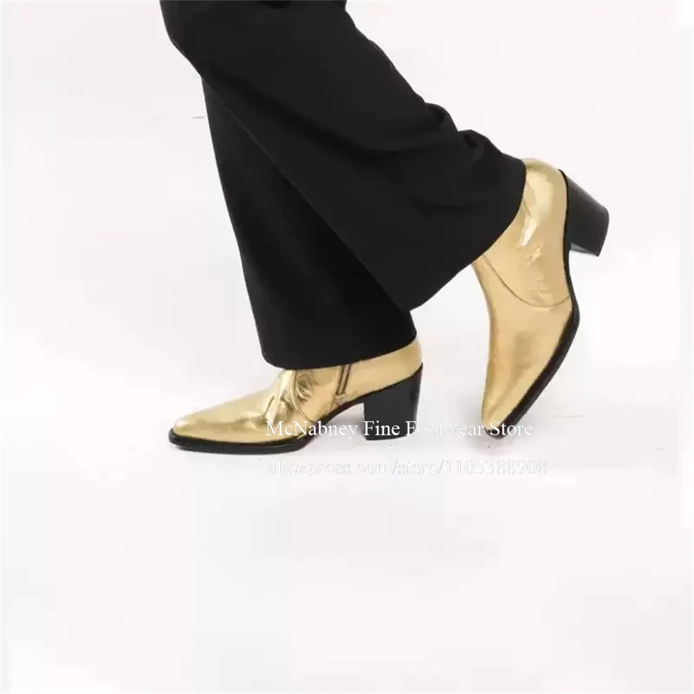 Luxury Gold Metallic Leather Chelsea Boots for Men Side Zipper Pointed Toe Cuban Heel Birtish Ankle Boots Business Dress Shoes