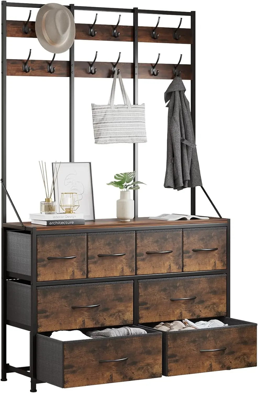 

8 Drawers Dresser, Chest of Drawer, Clothes Rack with Fabric Drawers, Hall Tree with Hooks and Drawers for Clothes, Toys