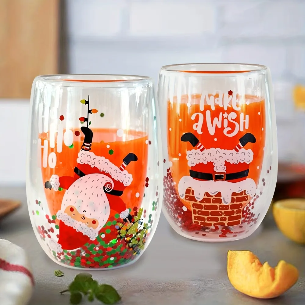 4Pcs Christmas Glass Coffee Mugs Glass Double Clear Christmas Holiday Santa Claus Cups Christmas Gift for Hot Chocolate Milk