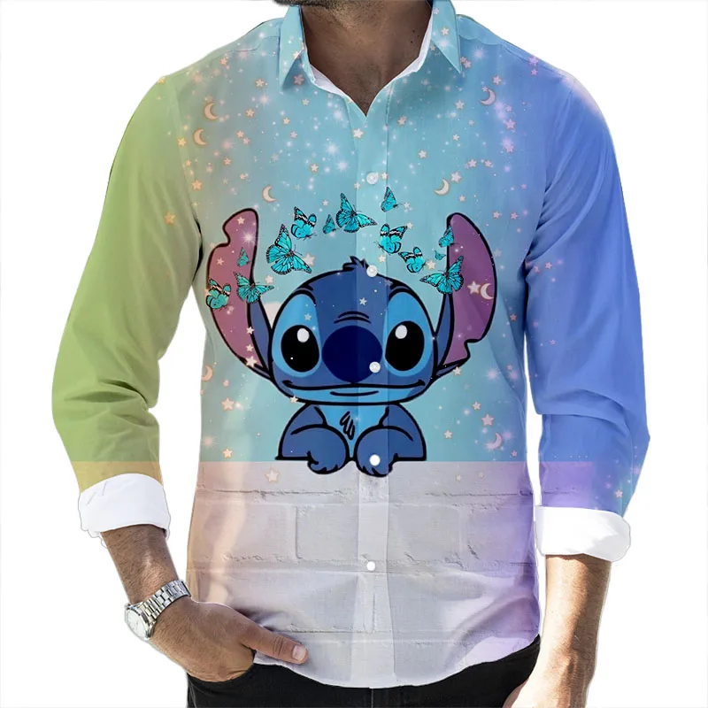 Lilo and Stitch Cartoon 2024 Spring Harajuku New Fashion Casual 3D Printed Long Sleeve Lapel Shirt Slim Men's Top