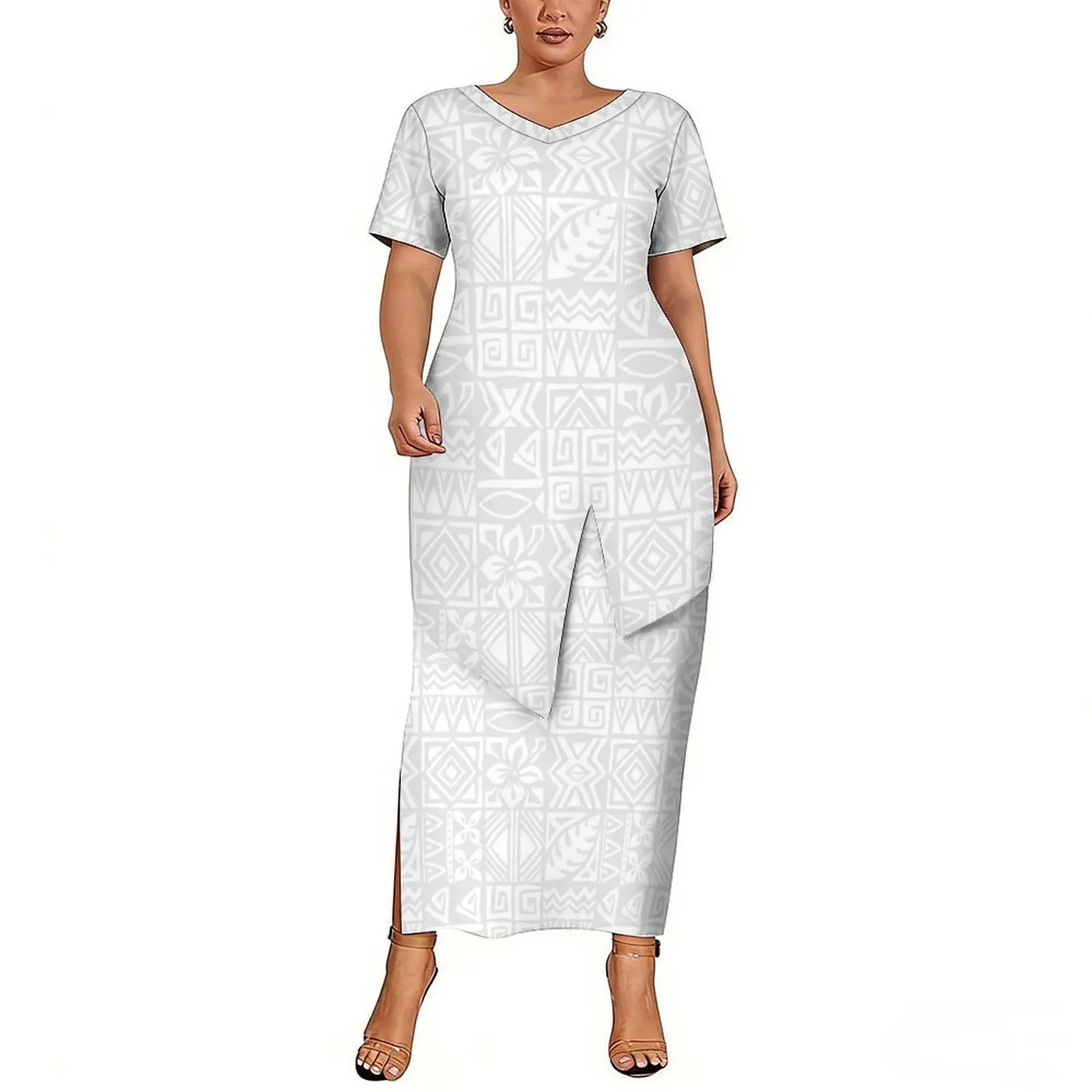 

Полинезийское белое платье-пулетаси для женщин на День матери, с мягким материалом и индивидуальными узорами, в самоанском стиле.