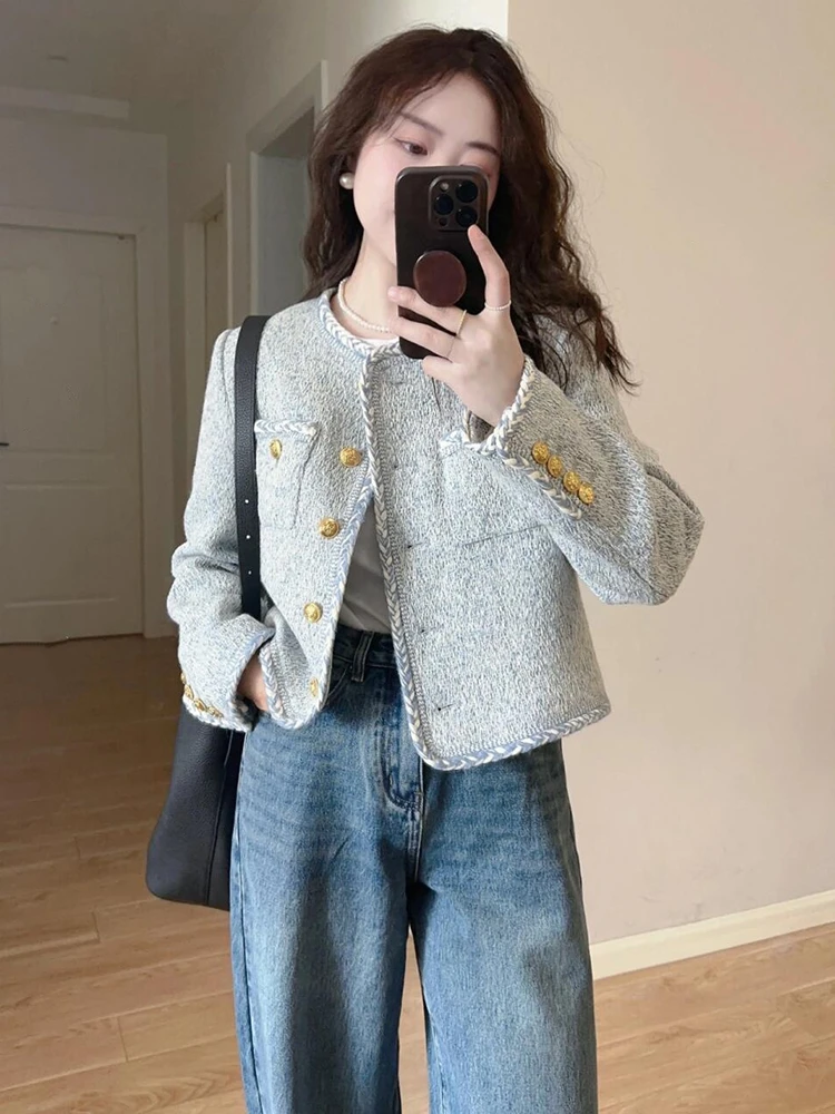 

Tweed Jacket Purple Womens Winter Vintage Fringed Decorated Chic Cotton-Padded Sequined Wool Embroidered Cinched Adjustable Lady