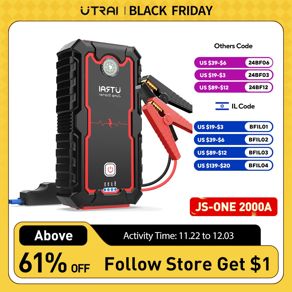 Utrai 2000A Jump Starter Power Bank Starting Device Car Battery Starters Emergency Charger For 12v Engine Starter