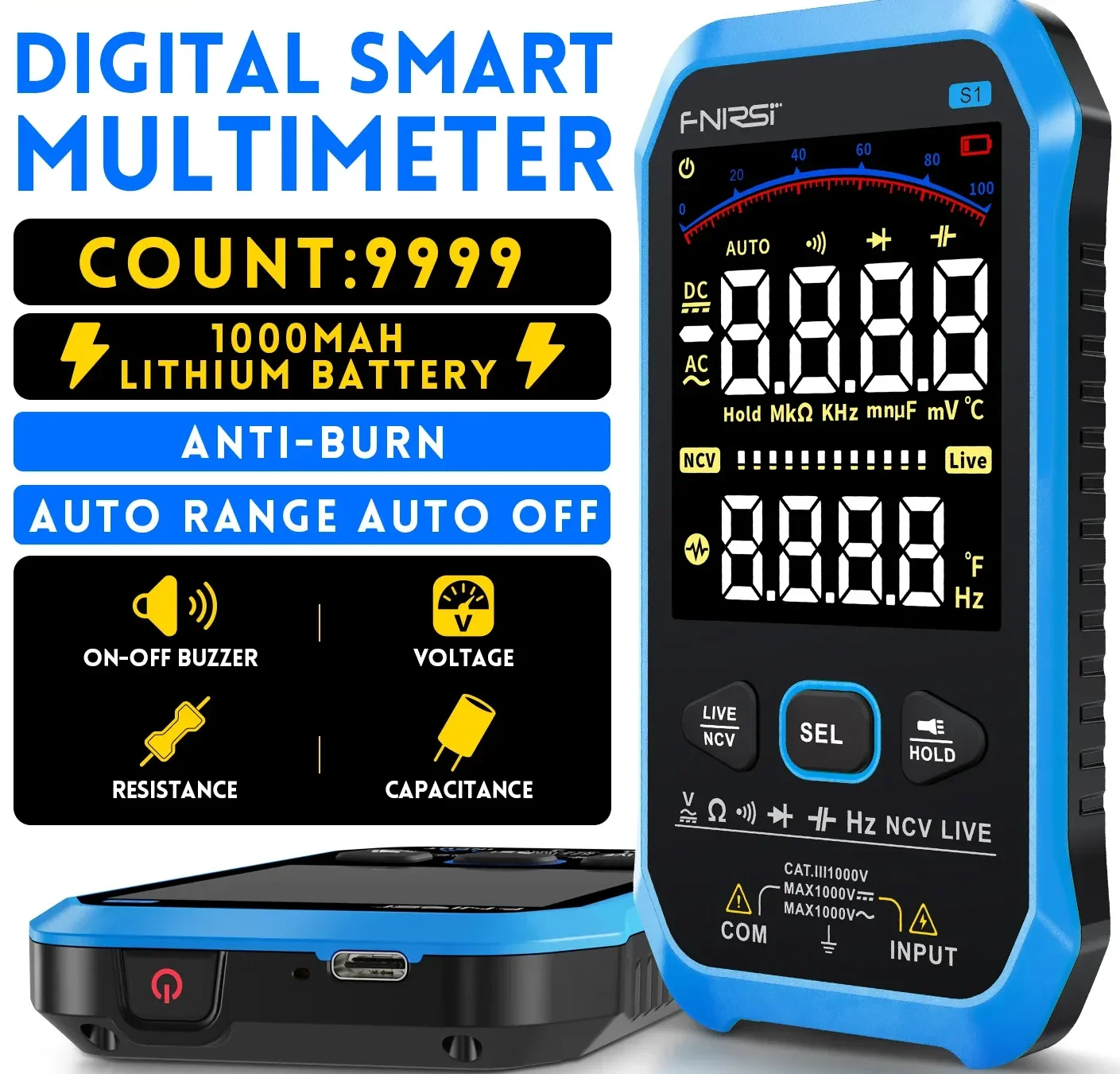 FNIRSI S1 Smart Digital Multimeter 9999counts AC DC Voltage Resistance Capacitance Diode NCV Hz Live Wire Color Display Tester