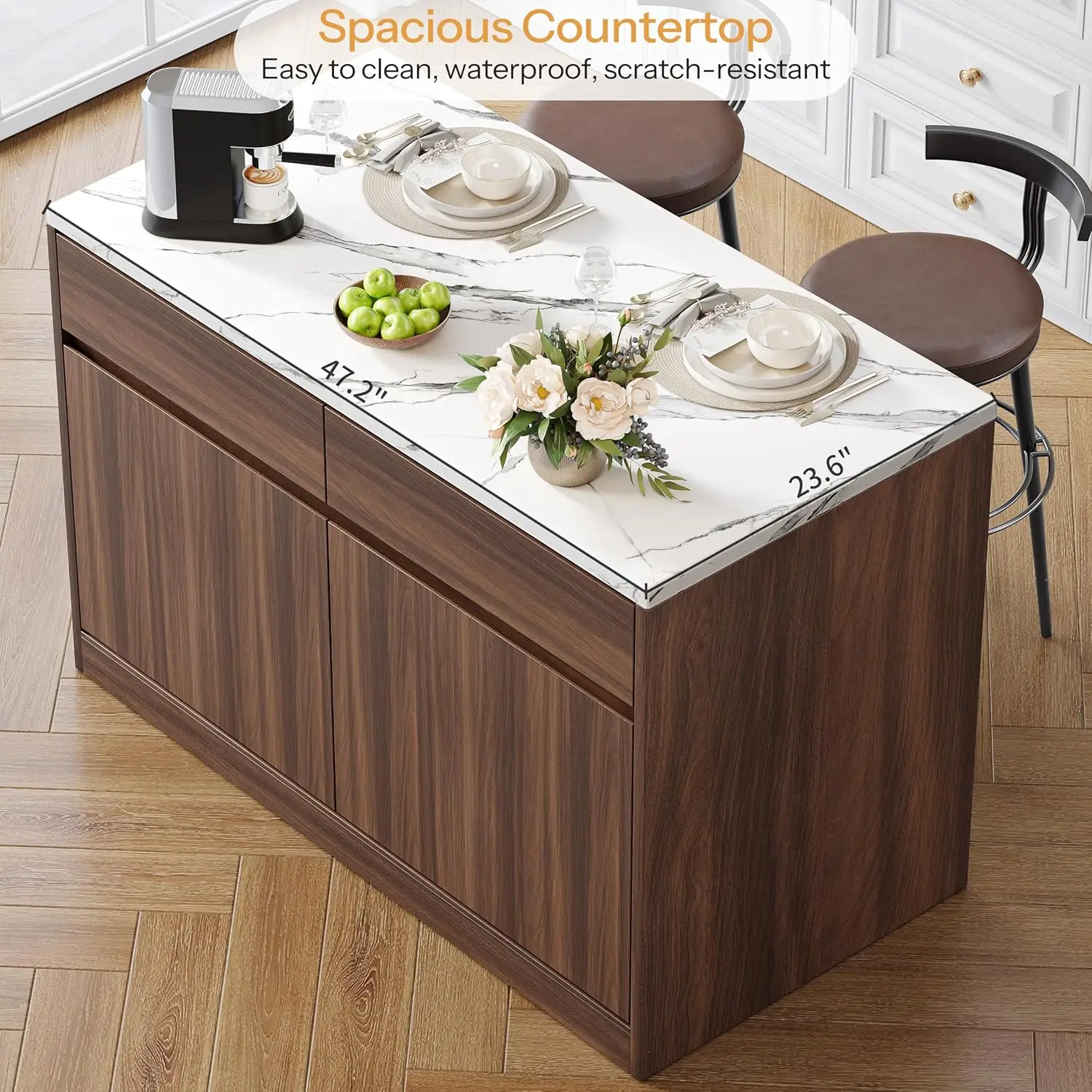 Kitchen Island with Storage, 47.2" Large Faux Marble Countertop Kitchen Island with 2 Drawers and Adjustable, Customized view 6