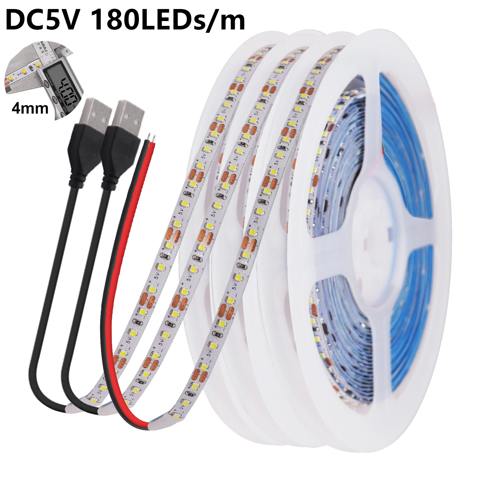 4MM 5MM 8MM LED Strip 5V 12V High Brightness 180 240 300LEDs/m Flexible LED Tape Lamp White Warm White 0.5M 1M 2M 3M 4M 5M