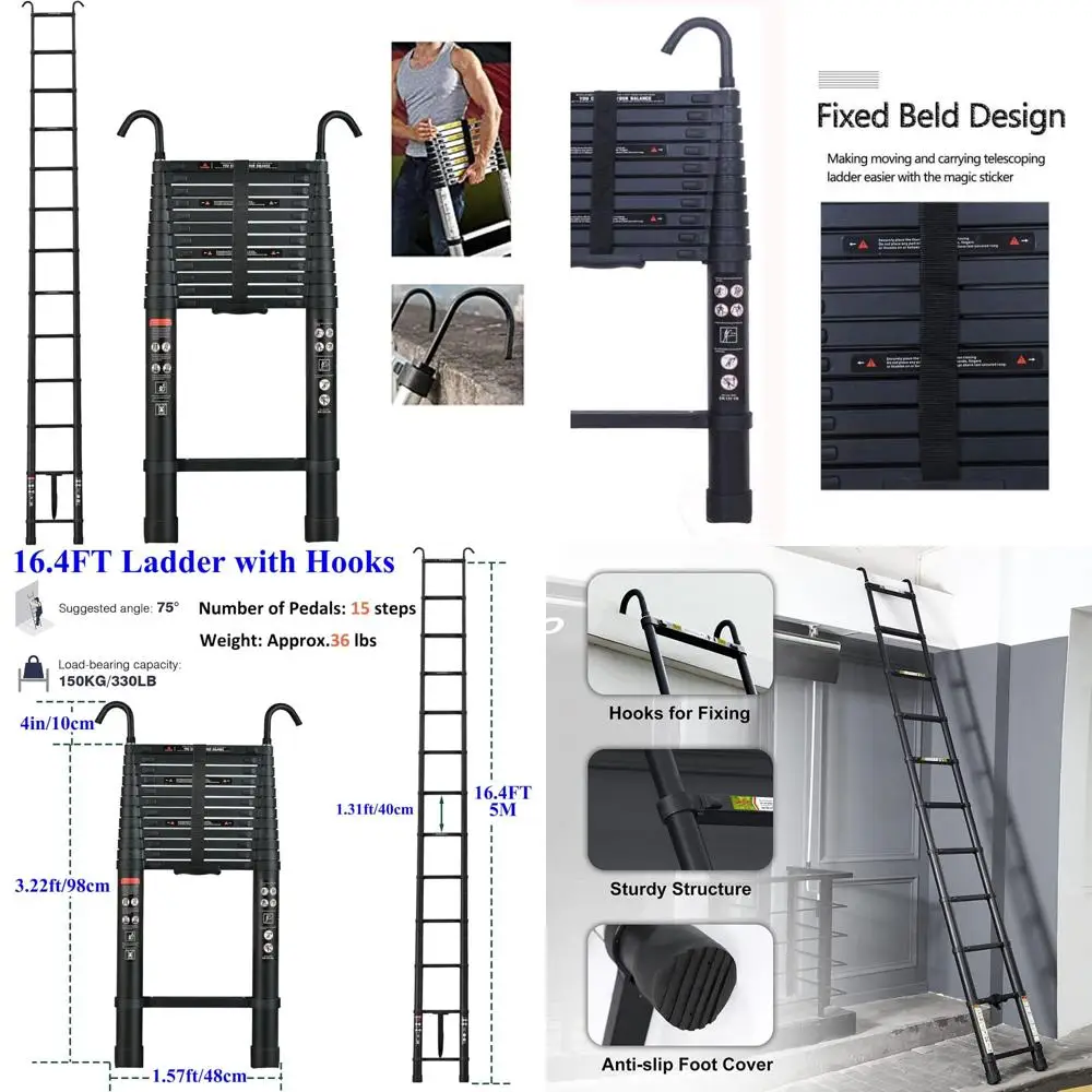 

Portable 16.5FT Telescoping Aluminum Ladder with Hooks, One-Button Retraction, Folding Extension Ladder for Home and Outdoor Use