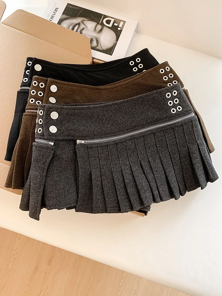 Vintage Sexy Mini Skirt Women Button Zipper Patchwork Preppy Casual Pleats Skirts American Retro Y2K Streetwear Hottie Skirt New