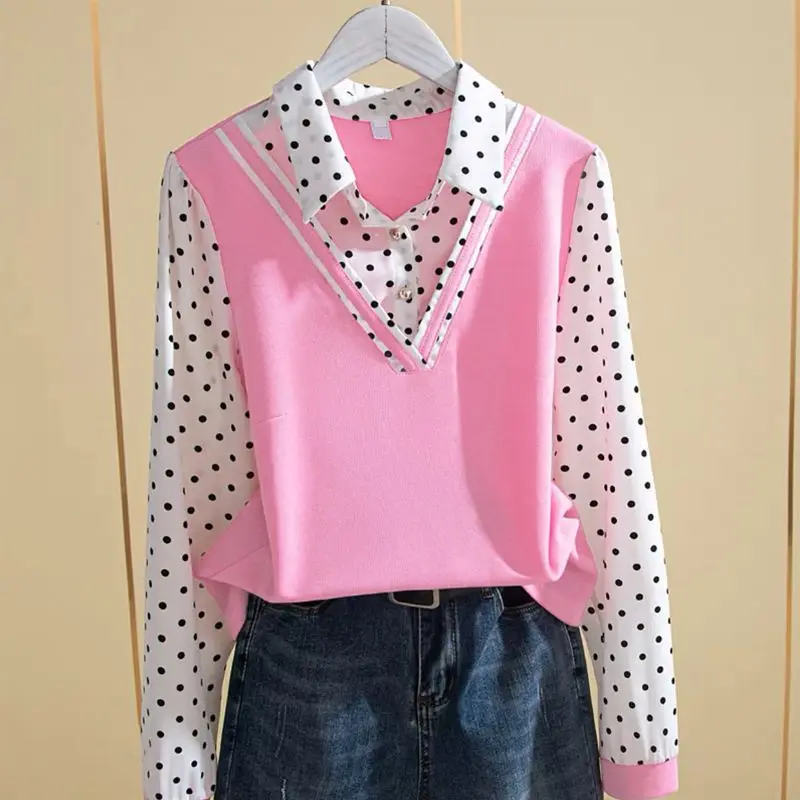 2023 New Fashion Versatile Polka Dot Print Long Sleeve T-Shirt Women Korean Polo-Neck Embroidered Flares Fake Two Pieces Tops