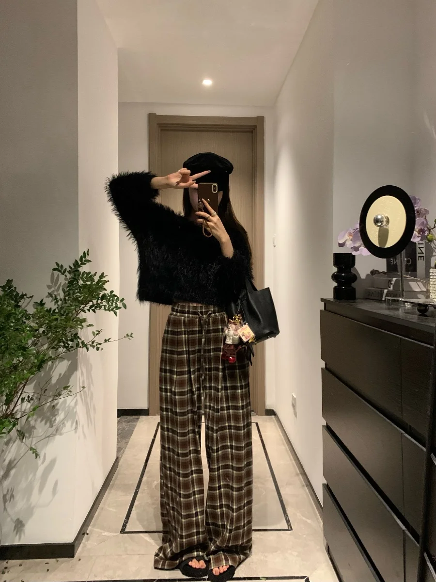 

Ruuii Retro Brushed Plaid Pants Women's Autumn Winter New Fashion High Waist Drawstring Design Loose Straight Leg Wide Leg Pants