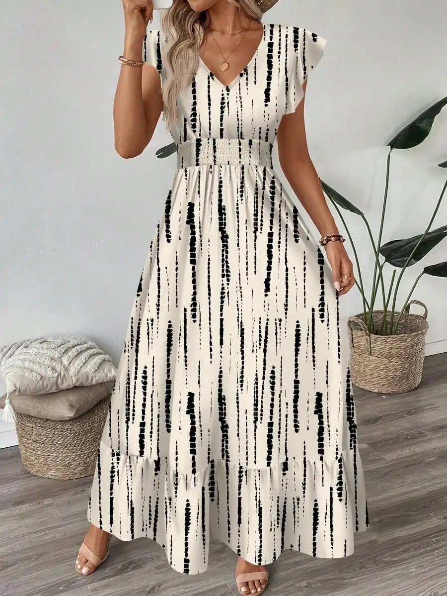 

Black and Cream Abstract Stripe V-Neck Shirred Waist A-Line Maxi Dress with Cap Sleeves