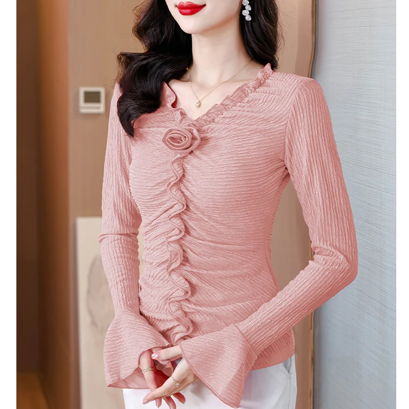 Spring Autumn New Women's top V-neck Pleated Slim fit Long Sleeve Bottoming T shirt Korean Fashion Casual Tees