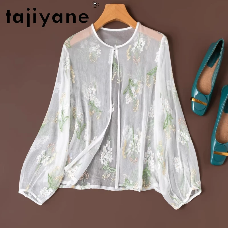 

TAJIYANE 100% Mulberry Silk Cardigan Elegant Embroidery Short Shirt Real Silk Spring Tops Woman Clothing 2026 chemise femme