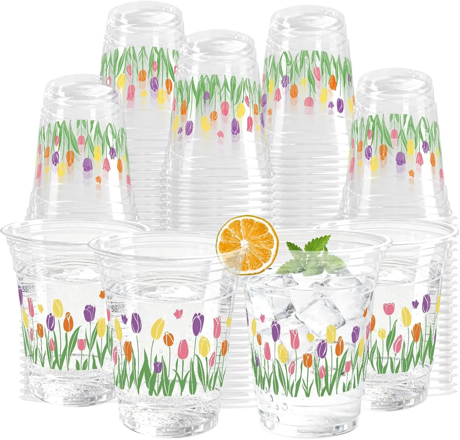 

100 Pcs Tulip Floral Plastic Cups 12 oz Easter Floral Drinking Cup Flower Spring Summer Disposable Cold Beverage Cup for