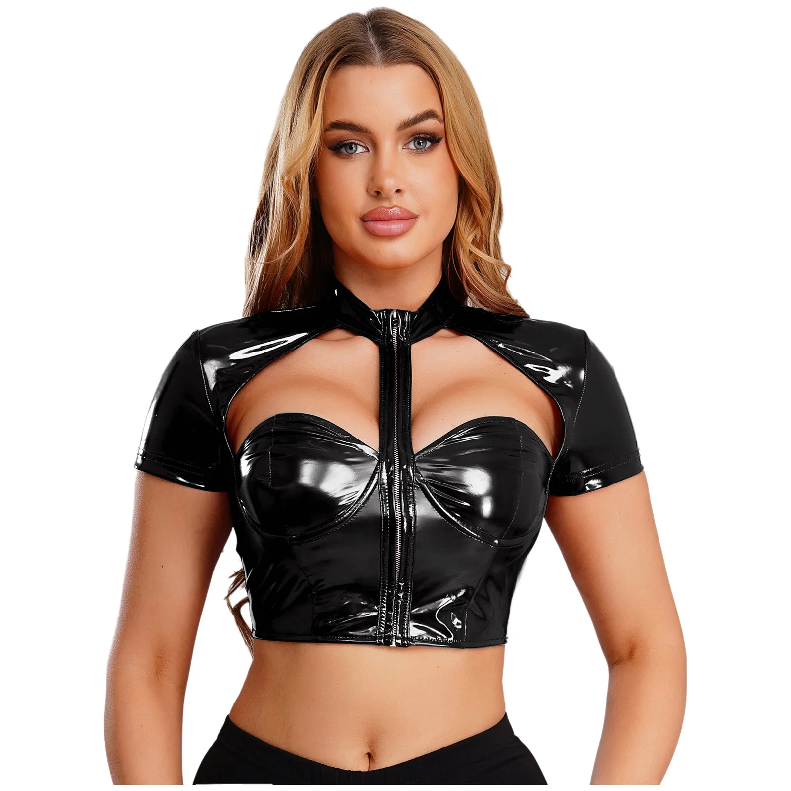 Women Wet Look PU Cropped Top Shirts Sexy Push-up Underwire Top Glossy Raves Clubwear Cutout Mock Neck Short Sleeve Zipper Shirt