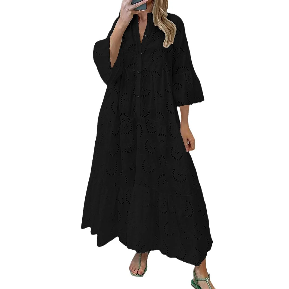 Plus Size Women's V-neck Bell Sleeve Lace Hollow Out Solid Color Long Dress for Spring and Summer