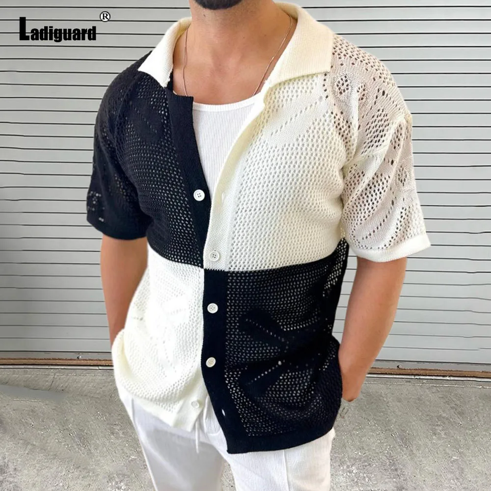 Ladiguard 2024 New Knitting Sweater Men Short Sleeve Patchwork Top Shirt Mens Casual Thin Beach Cardigans Lepal Collar Knitwear