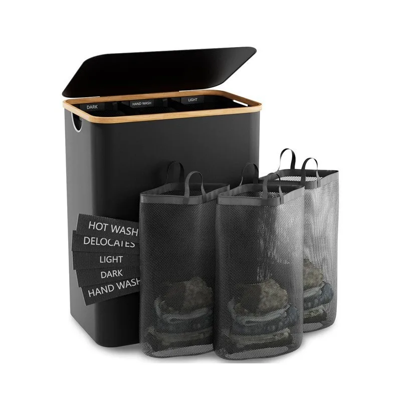 سلة الملابس القذرة سلة الخيزران لغرفة النوم مع جيب داخلي مع غطاء سلة تخزين الملابس القابلة للطي مع ملصق تصنيف