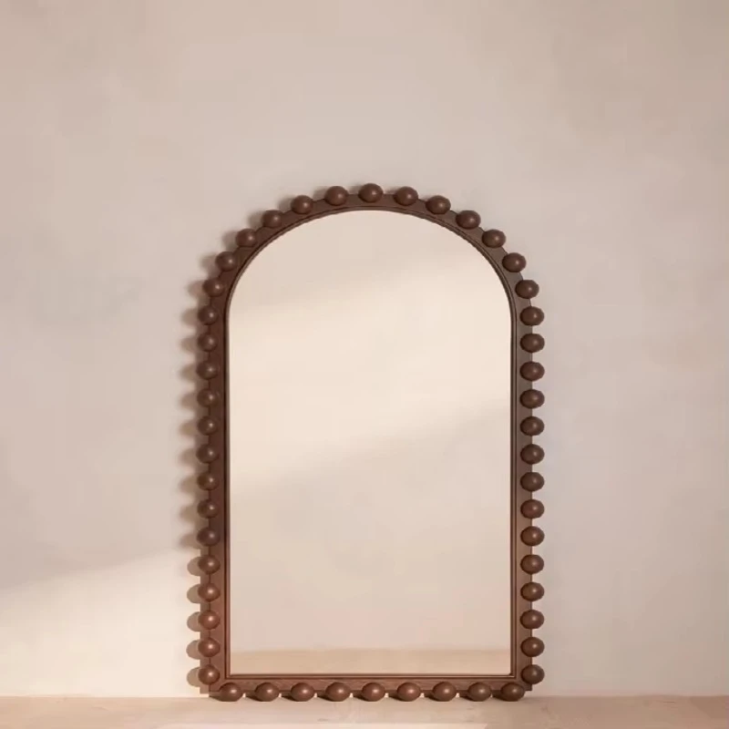 Beaded decorative dark wood grain full-body mirror arched vanity mirror