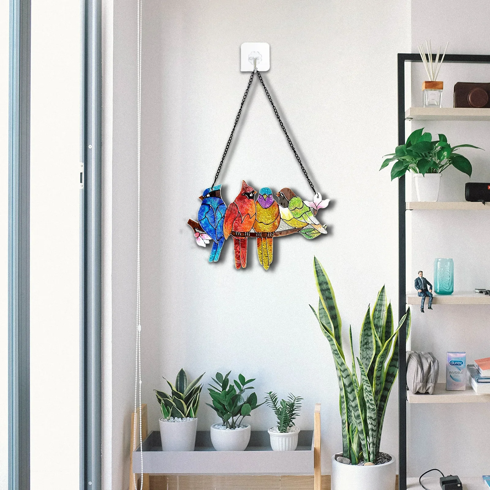 Stained Glass Window Hangings Multi-Color 4-Bird Hanging Decor Double-Sided Hummingbird Window Panel Hanging Decoration