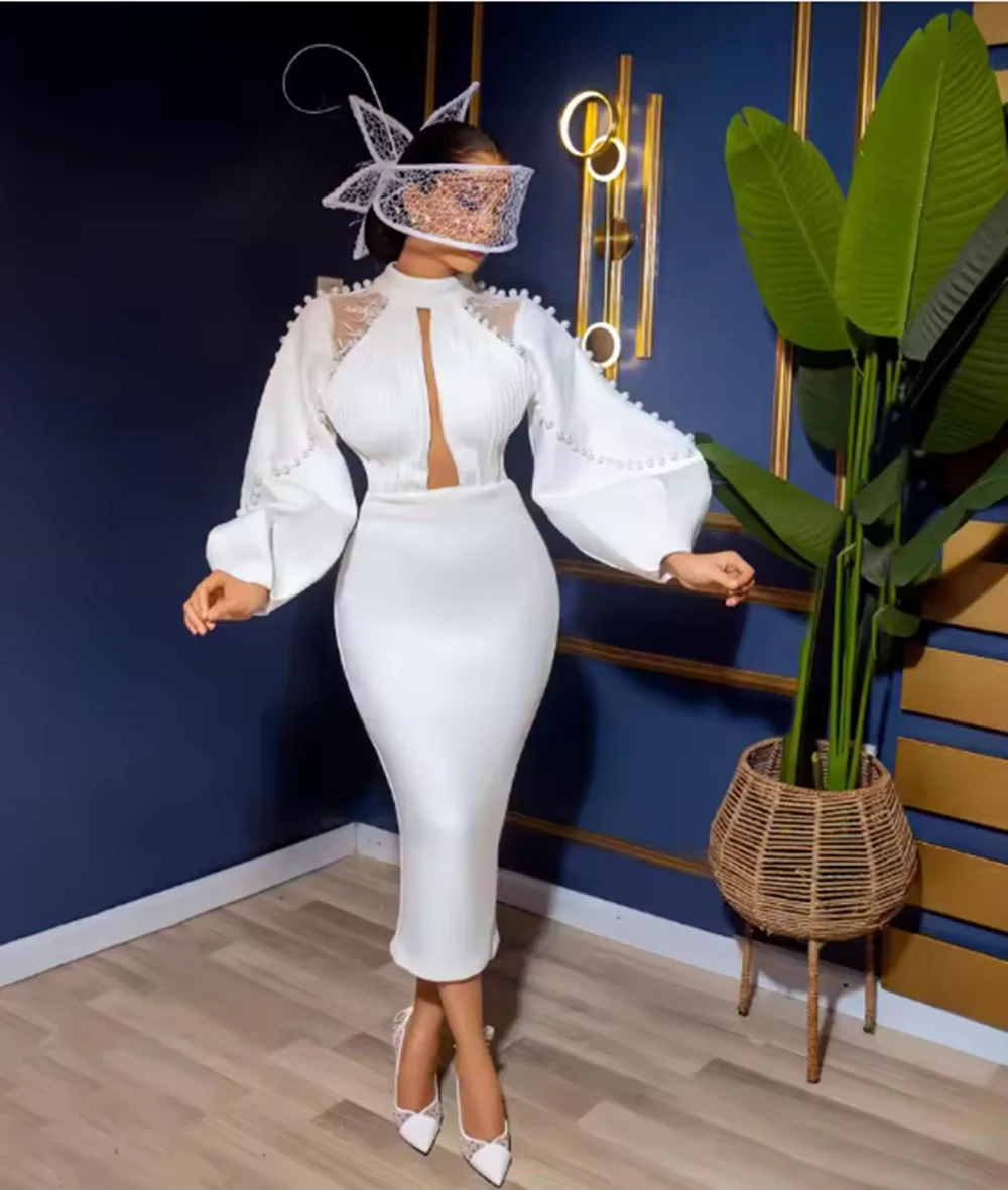 Arabic 2024 Short Wedding Dresses Pearls High Neck Customized Bridal Gowns African Vestidos robes de soirée for Bride