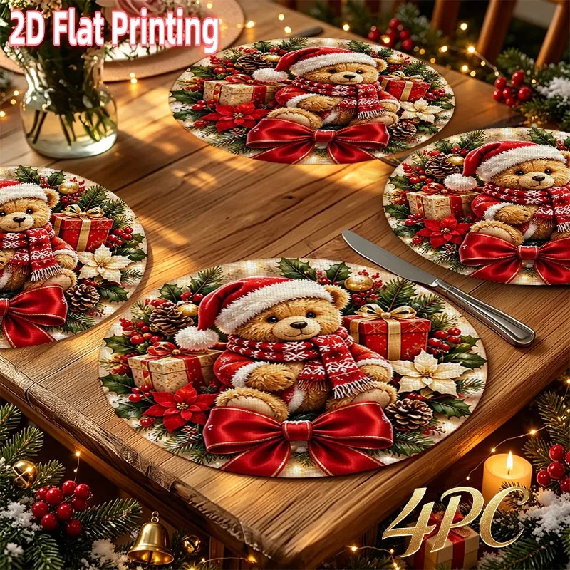 VIKAMA Linen Oval Placemats, Teddy Bear Gift Bow, Washable Stain Resistant Easy Clean, Holiday Family Dinner