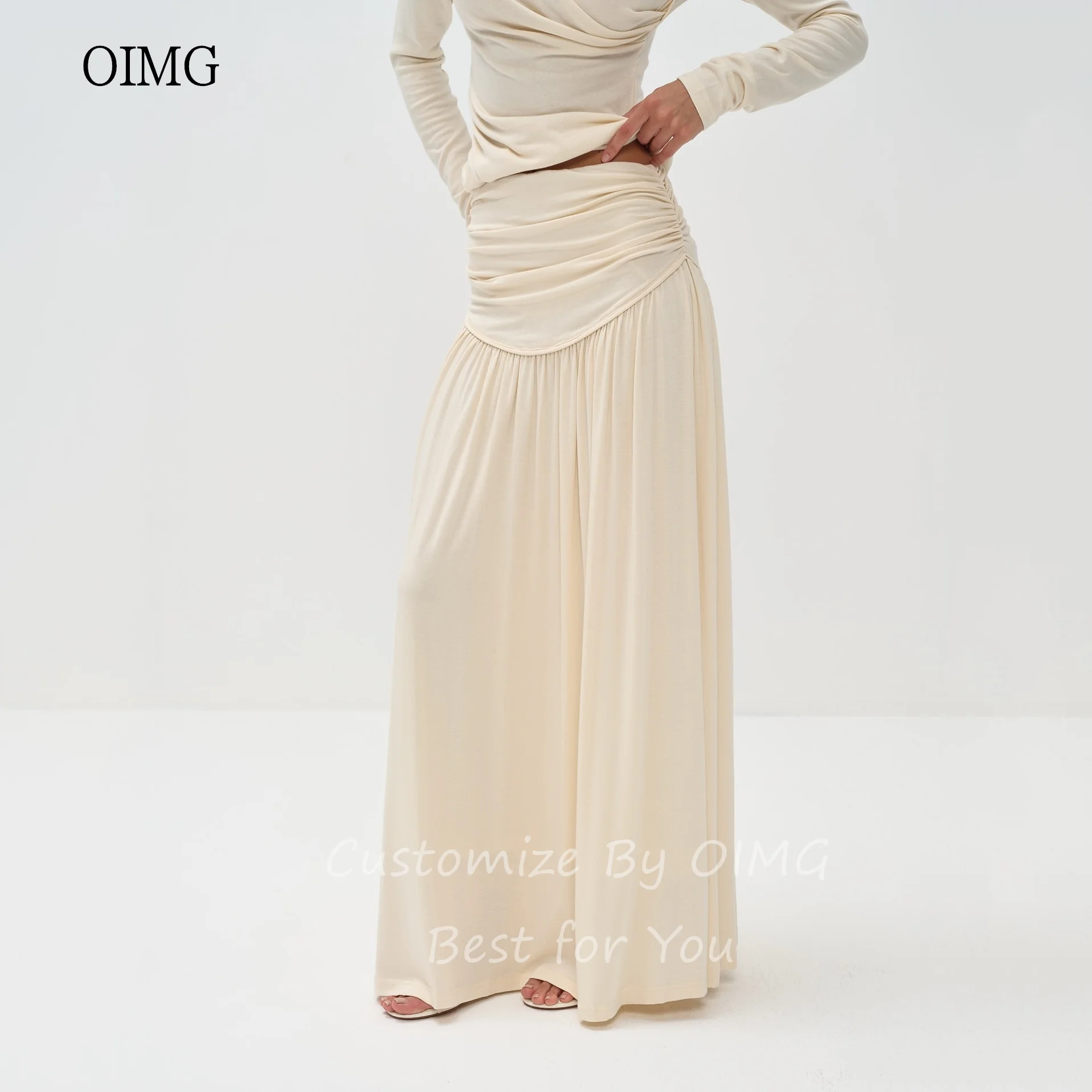 OIMG Simple Long Sleeves A Line Prom Gowns Slanted V Neck Pleated Formal Party Gown Floor Length Evening Dress Customized