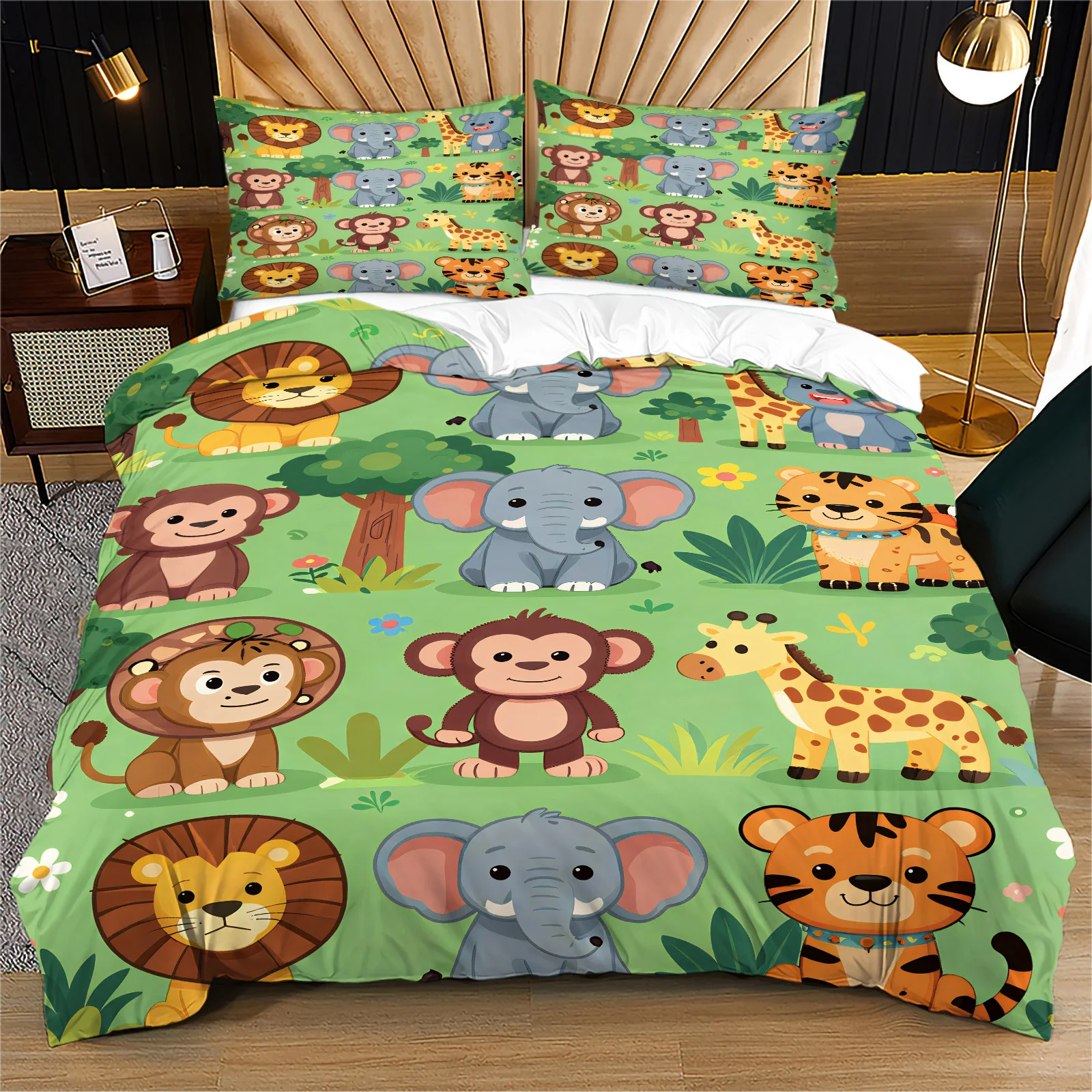 Cute Jungle Safari Animals Duvet Cover Set Cartoon Lion Elephant Monkey Giraffe Tiger Bedding Set Breathable Zipper Quilt Cover