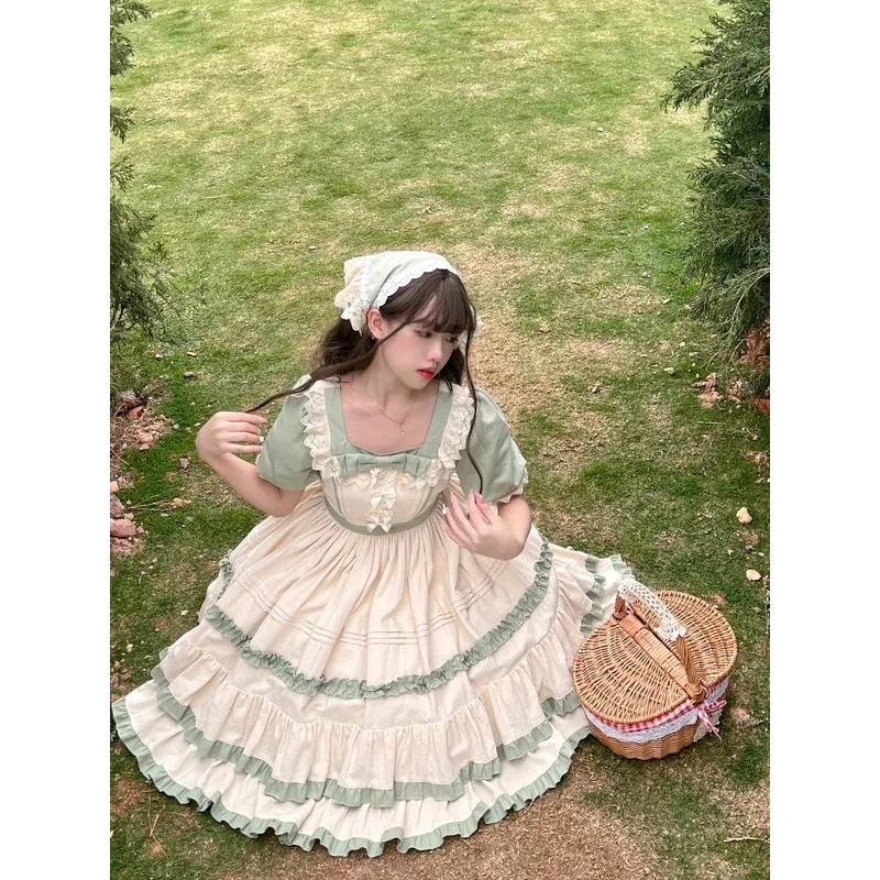 Japanese Gothic Lolita skirt women kawaii bow bear lace green dress long sleeve princess dress Halloween costume gift for girls