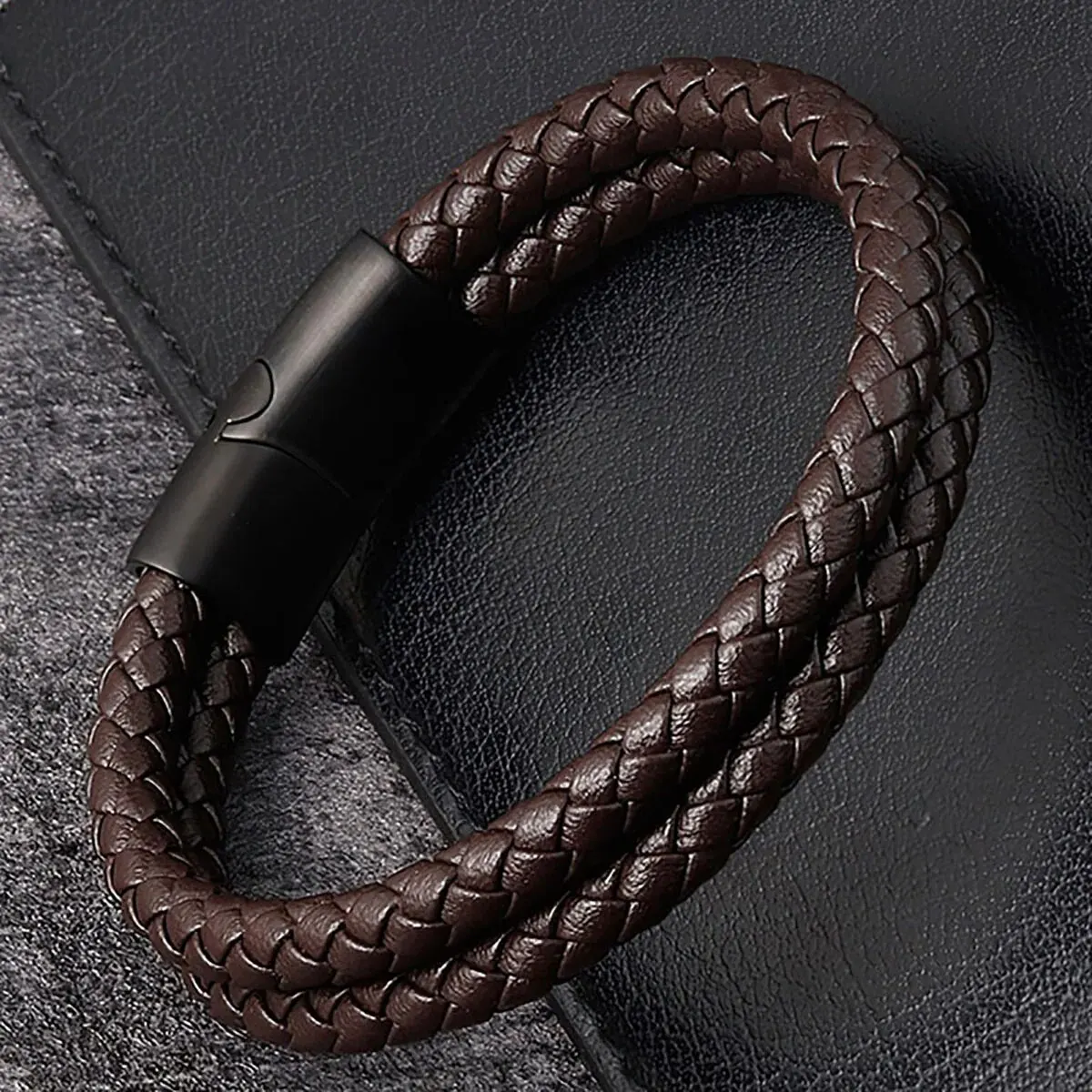 Männer Schwarz Blau Geflochtenes Echtleder Armband Doppelband Armreif – Detail 5
