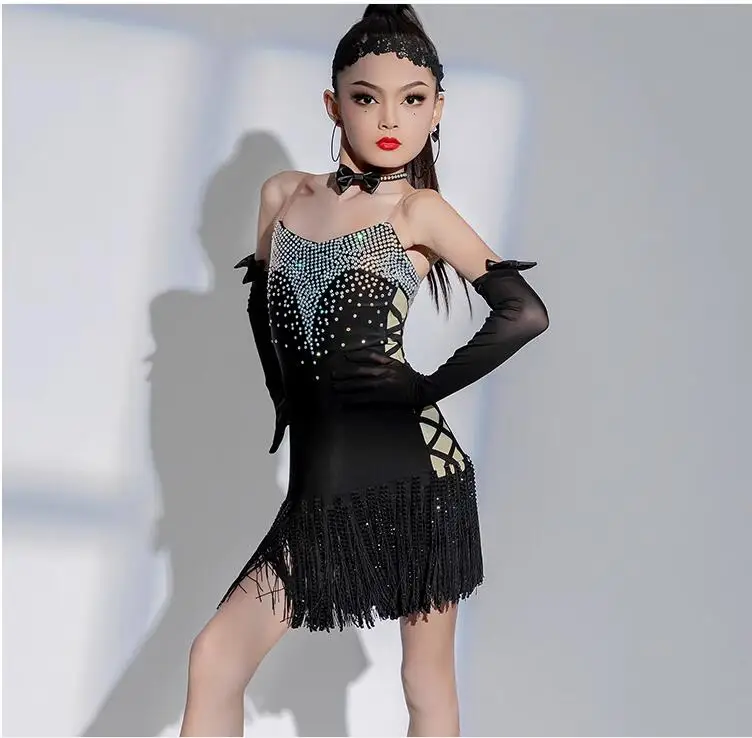 

Latin Dance Dress for Girls Performing Black Tassel Skirt Professional Samba