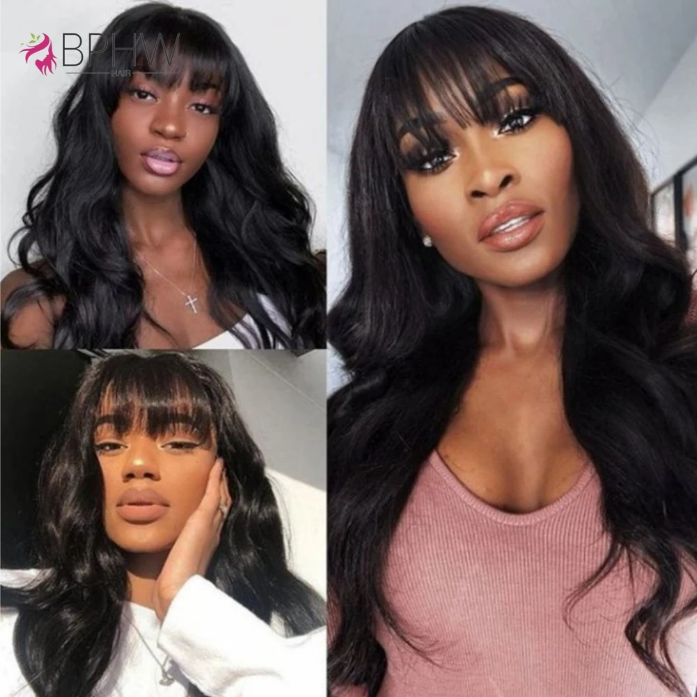 Body Wave Human Hair Wigs With Bangs Full Machine Made Wigs For Women Remy Body Wave Wig With Bangs Natural Color Long Wigs BPHW image 2
