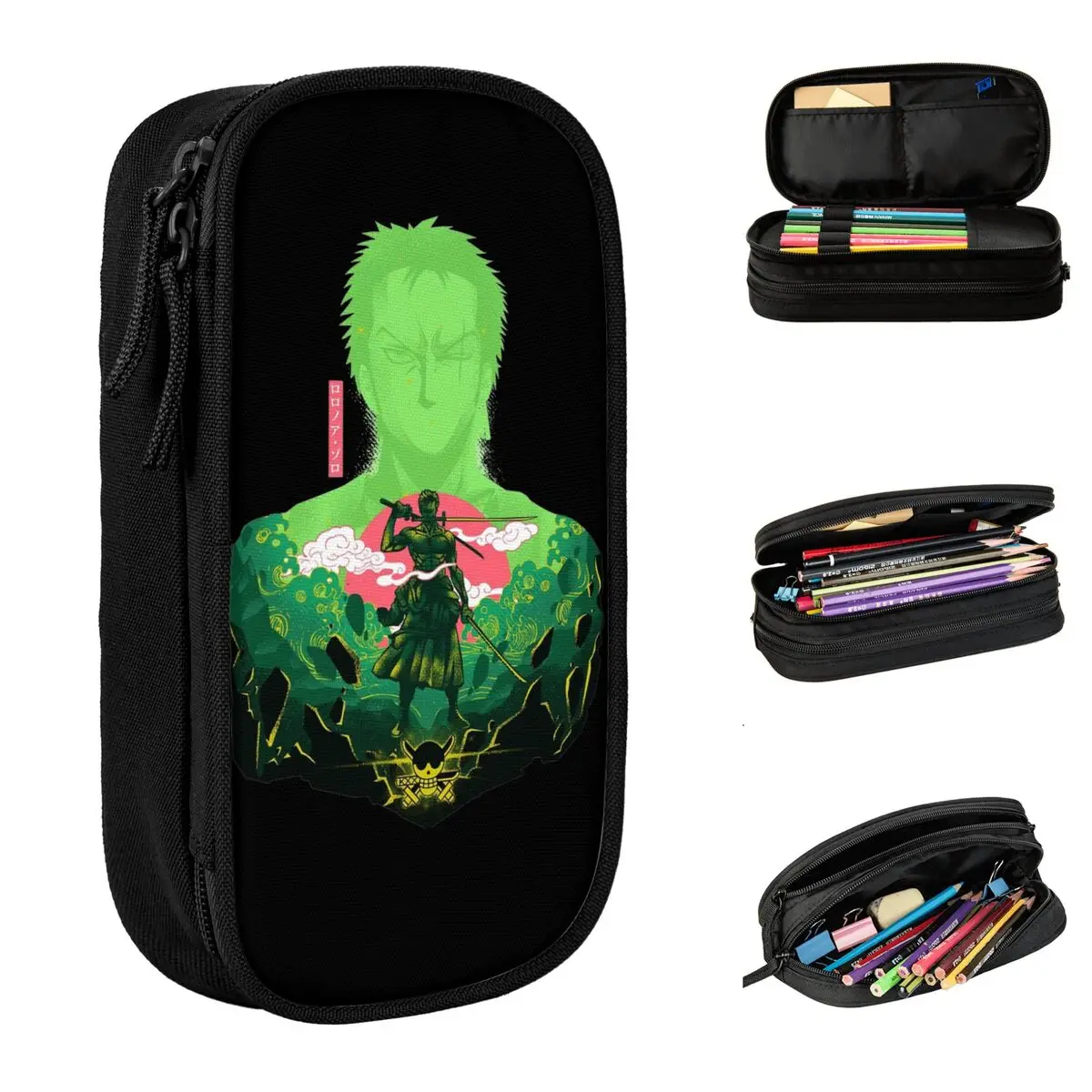 estojo de lapis de uma peca para estudantes bonito espadachim pirata roronoa zoro pen box bolsas de lapis para menina e menino grande capacidade bolsa de lapis escolar 01