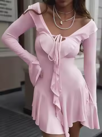 Flare Sleeve Ruffle Hemline V Neck Causal Dress Women Long Sleeved Solid Color Skinny Evening Dress Club Party Vestidos