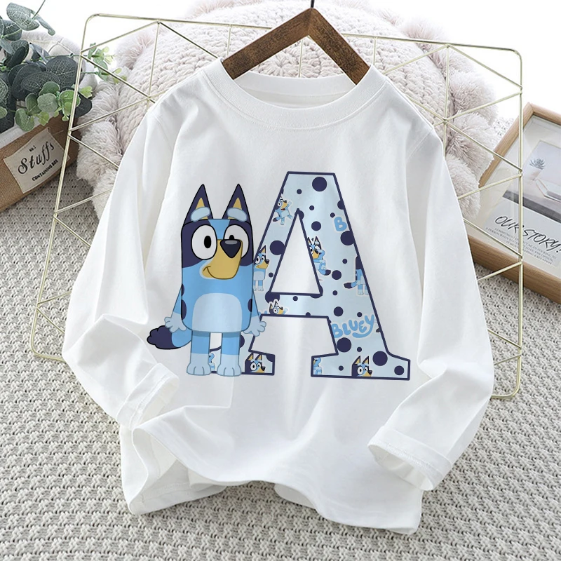 Blueyi Bingo Child Long-sleeved T-shirt Kawaii Cartoon Letter A-Z Printed T-shirts Kids Casual Tops Autumn Children Clothing