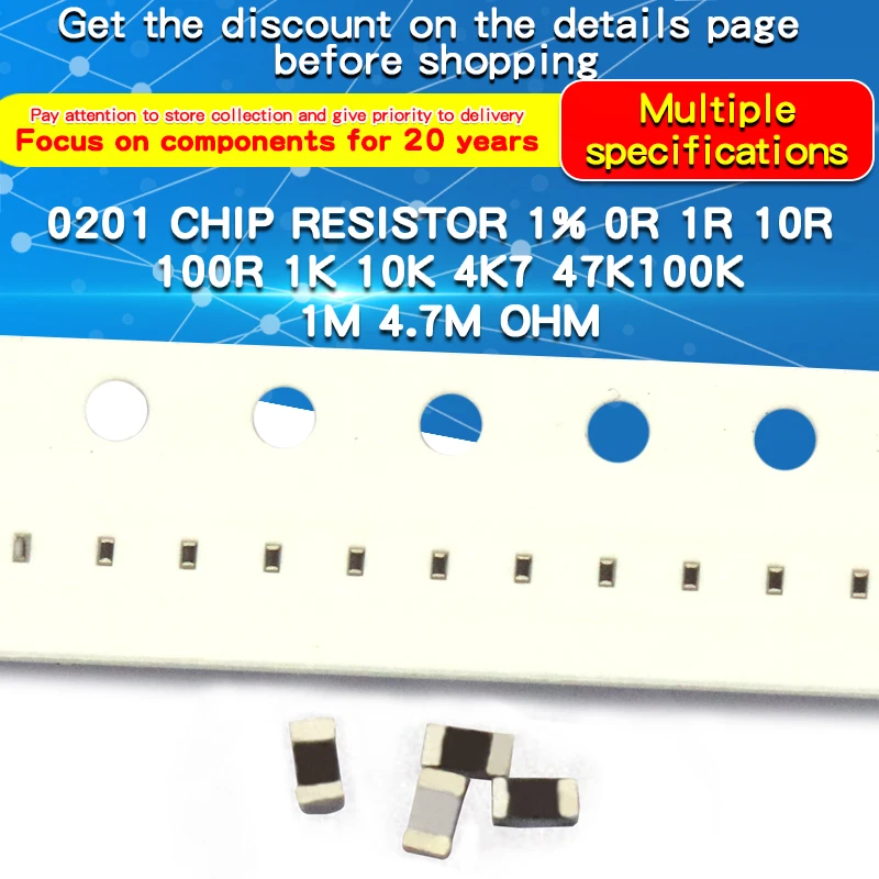 100pcs 1% 0201 SMD Resistor 0Ω~1MΩ 0 1 2.2 10 22 47 75 100 470 1K 2.2K 4.7K 10K 22K 47K 51K 100K 1M SMD Chip Resistance