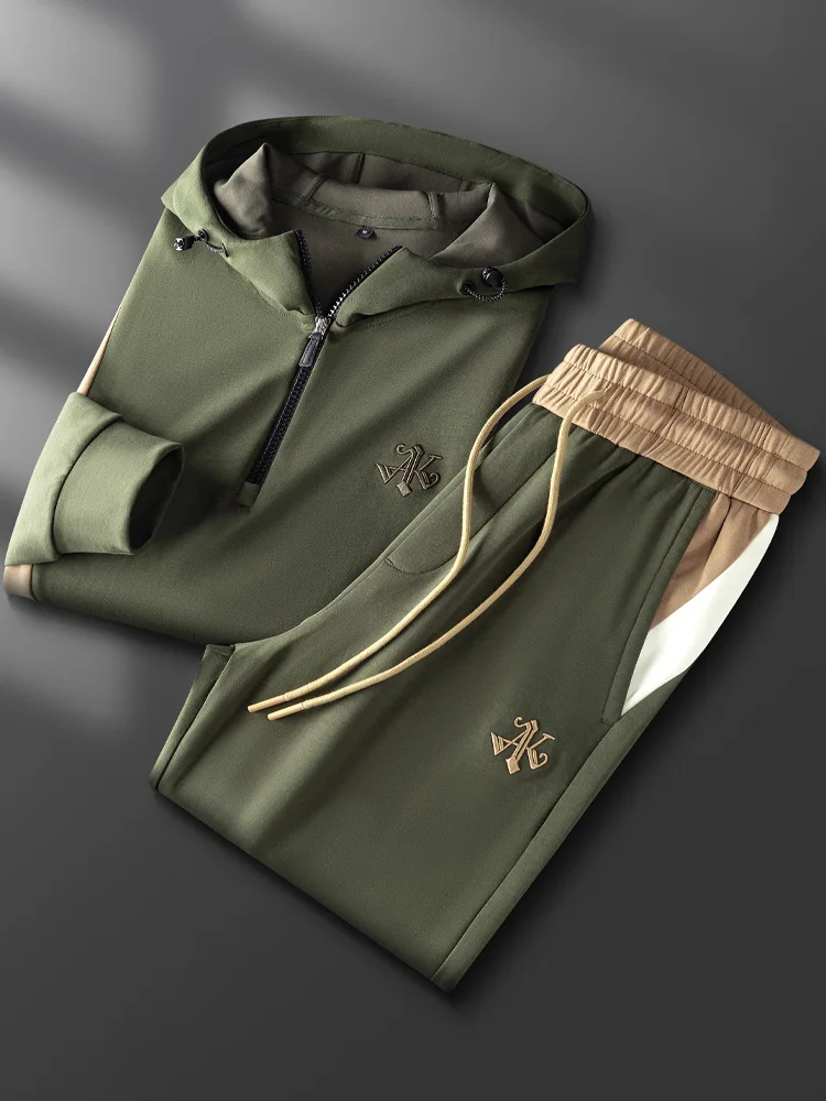 

Осенне-зимний мужской свитшот с капюшоном и вышивкой на молнии, повседневный комплект спортивной одежды, длинный свеч, полиэстер, смесь хлопка, эластичный W...