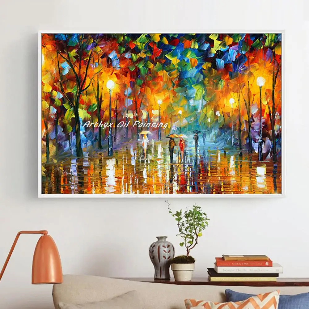 

Handmade Palette Knife Tree Street Landscape Oil Paintings On Canvas,Abstract Poster Wall Art,Picture Room Decoration,Home Decor