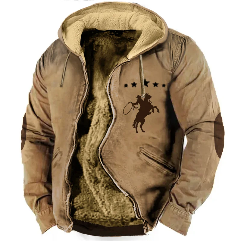 Men's Winter Parkas Long Sleeve Cowboy Print Warm Vintage Jacket for Men/Women Thick Clothing Outerwear